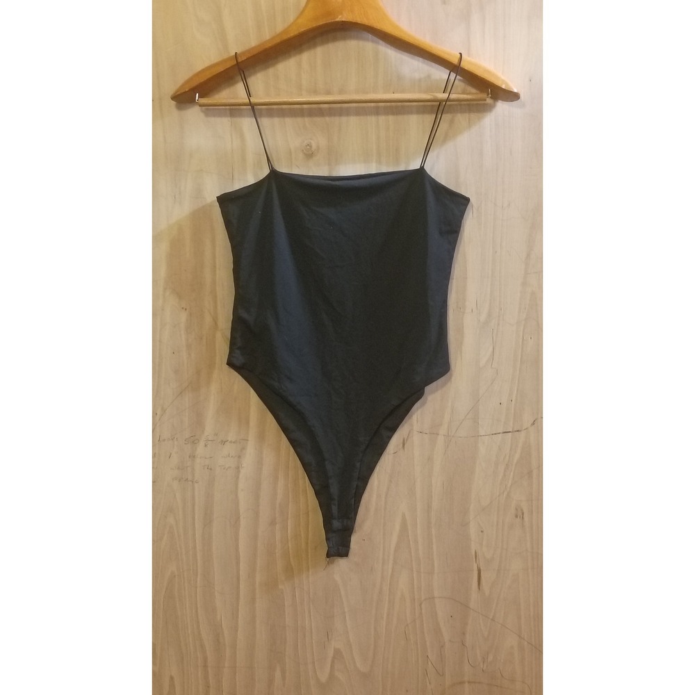 Black Spaghetti Strap Square Neck Bodysuit High Cut Thong Back Minimalist